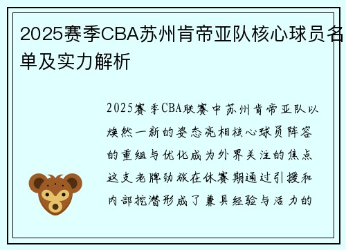 2025赛季CBA苏州肯帝亚队核心球员名单及实力解析